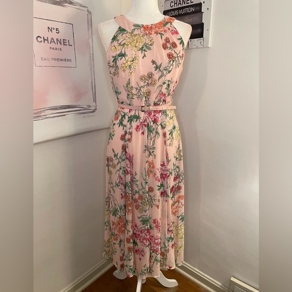 Tommy Hilfiger Dresses & Skirts - Tommy Hilfiger Belted Chiffon Halter Midi Dress Pink Floral Print Size 4